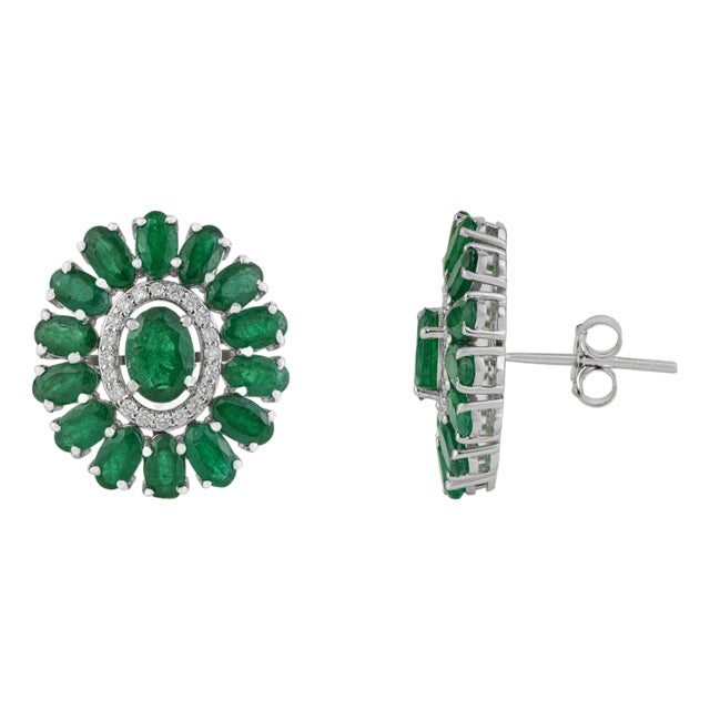 Contemporary Emerald & Diamond Floral Stud Earrings in 14k White Gold- A Pair For Sale