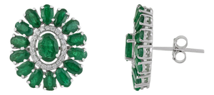 Contemporary Emerald & Diamond Floral Stud Earrings in 14k White Gold- A Pair