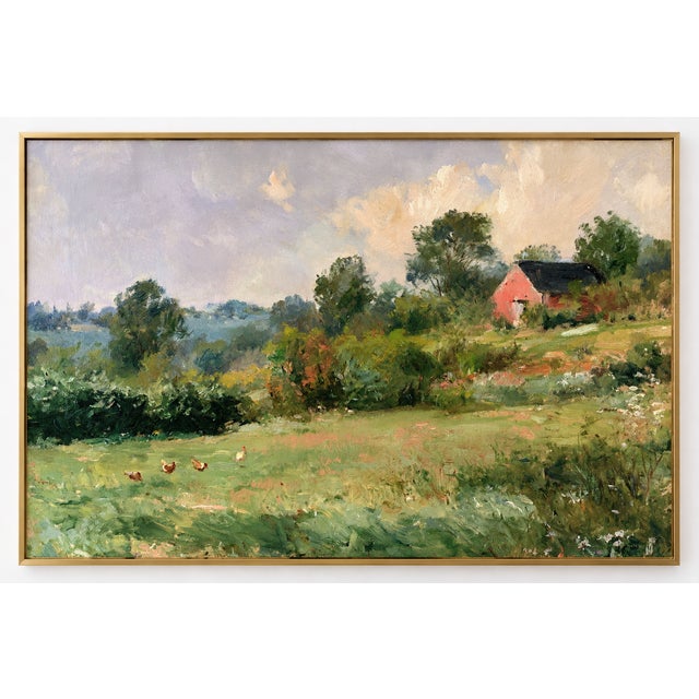 This Impressionist landscape art print features a weathered red barn and chickens in a sunlit meadow surrounded by leafy...