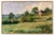 This Impressionist landscape art print features a weathered red barn and chickens in a sunlit meadow surrounded by leafy...