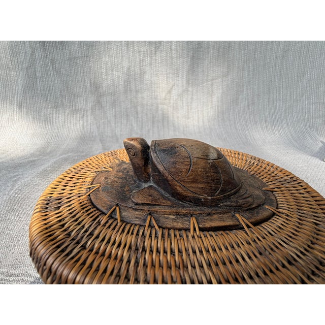 Brown Vintage Indonesian Lombok Woven Rattan Lidded Basket With Wood Carved Turtle For Sale - Image 8 of 18