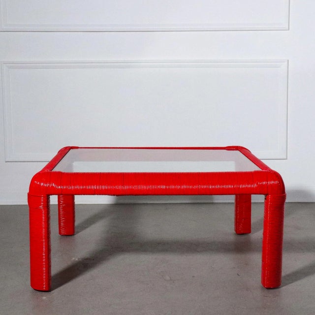 1970s 1970s Red Wrapped Rattan Waterfall Edge Coffee Table For Sale - Image 5 of 5