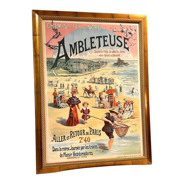 Large French Color Lithograph Poster Advertising Seaside Railway Travel For Sale