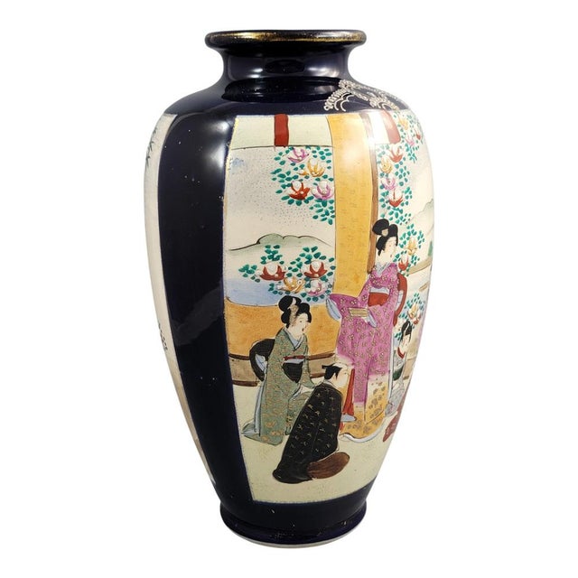 Satsuma Cobalt-Ground Moriage Vase with Court Scenes, Japan, 1890-1910 For Sale - Image 4 of 11