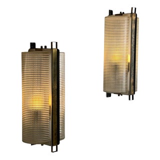 Large Brass and Pressed Glass Sconces by Jacques Adnet, France, 1960s, Set of 2 For Sale