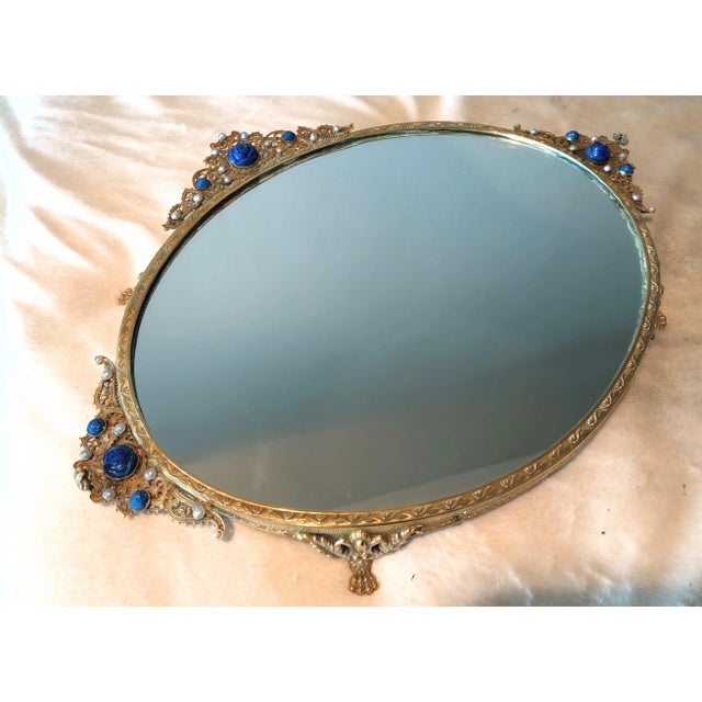 Glass Antique Vanity Tray With Filigree Adorned by Rose Cut and Pearl Like Gems For Sale - Image 7 of 11