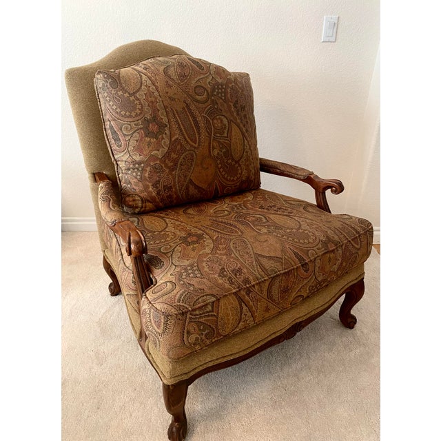 Late 20th Century French Louis XV inspired Ethan Allen Harris Berge're chair and matching ottoman. This style is Louis XV-...
