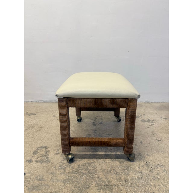 Henry Link Mid-Century Leather and Wicker Footstools on Caster by Henry Link - A Pair For Sale - Image 4 of 12