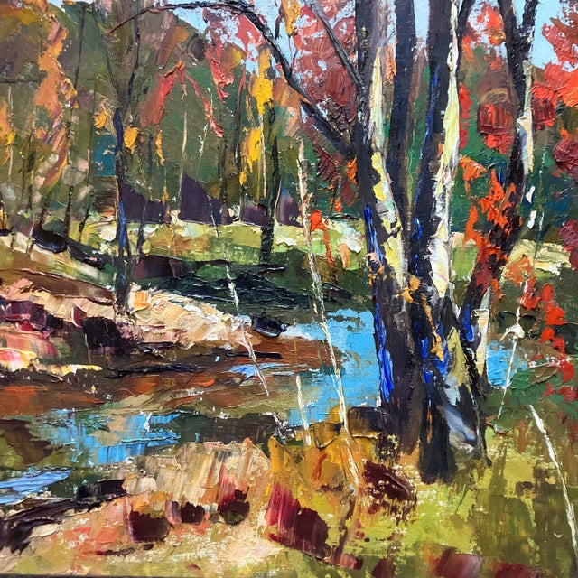 Rustic 1960’s Vintage Impressionist Fall Landscape With Trees & Stream Painting Wood Frame For Sale - Image 3 of 5