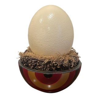 Vintage Japanese Ostrich Egg Sculpture in Nest — Red & Gold Lacquered Base, 10"h For Sale