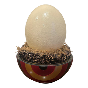 Vintage Japanese Ostrich Egg Sculpture in Nest — Red & Gold Lacquered Base, 10"h
