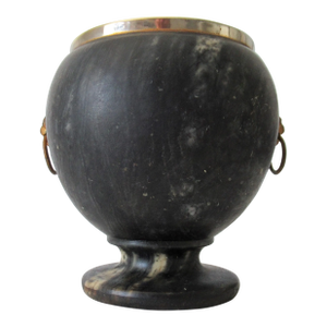 C.1960's Italian Honed Black Marble & Brass Rimmed Vessel, Catchall With Lion Crest Rings