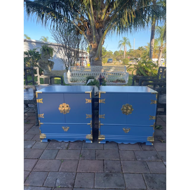 1970s Mid-Century Campaign Nightstands – Pair | Satin Lacquer “New York State of Mind” Blue With Brass For Sale - Image 14 of 14