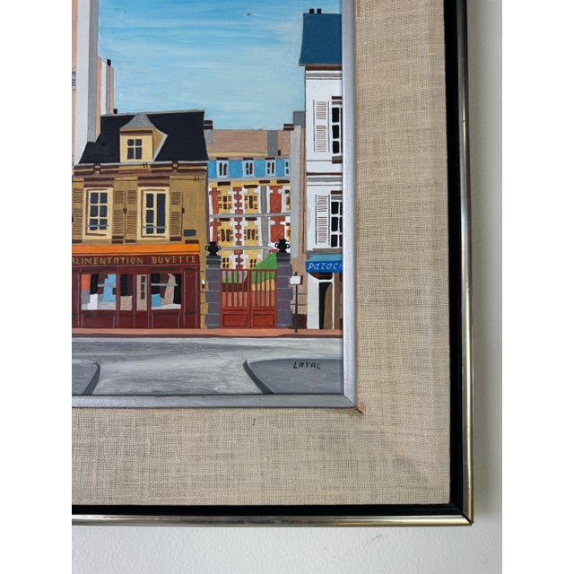 Vintage Lilian Latal Folk Art Cityscape Oil on Masonite Painting For Sale - Image 10 of 11