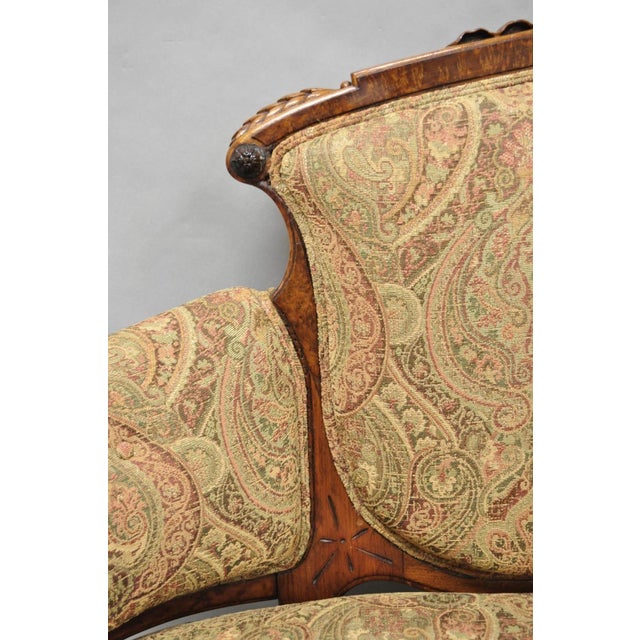 Antique Eastlake Victorian Carved Burl Walnut Parlor Set Sofa & 2 Chairs - 3 PCS For Sale - Image 16 of 18