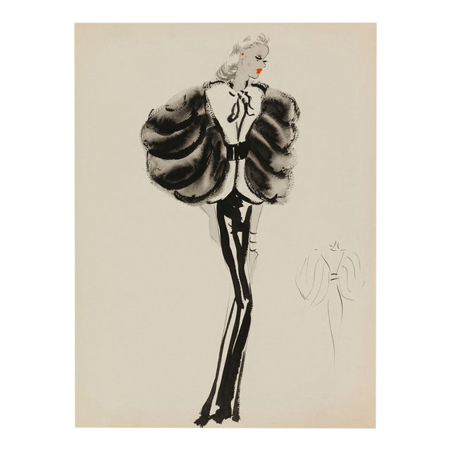 Vintage French Fashion Art Print – Black and White Fur Sleeve Illustration, 30" X 40" For Sale