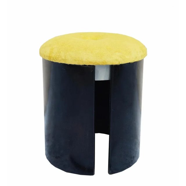 Black Wood Round Stool with Yellow Fabric Cushion, Italy 1970, design in the style of L. Caccia Dominioni