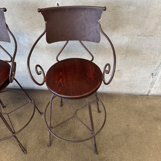 Brown Vintage Pair Wrought Iron & Wood Barstools For Sale - Image 8 of 12