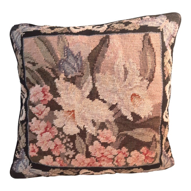Ribbon Butterfly Floral Needlepoint Pillow For Sale