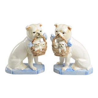 Vintage Fitz and Floyd English Bulldog w/ Puppies Bookend Figurine Pair For Sale