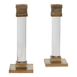 1980s Lucite & Brass Candlesticks - a Pair