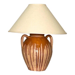 70's Large Drip Glazed Pottery Table Lamp For Sale