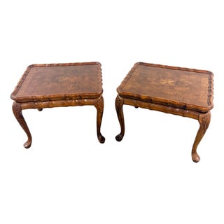 Mid 20th Century Neoclassical French Provincial Burlwood Walnut Scalloped End Tables - A Pair For Sale