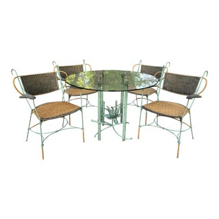 1970s Brutalist Sculptural Verdigris Iron & Wicker Custom Glass-Top Pedestal Dining Set, 6pcs For Sale