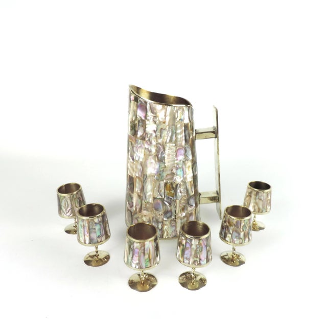Silver Mid Century Alpaca Silver and Inlaid Abalone Pitcher and Cordial Set - 7 Pieces For Sale - Image 8 of 8