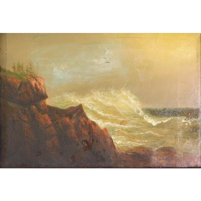 Naive Coastal Landscape, Late 19th / Early 20th C., Oil On Canvas, likely of Maine coast, depicting waves crashing on...