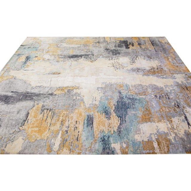2010s 2010s Modern Handmade Gray & Gold Abstract Silk Rug For Sale - Image 5 of 7