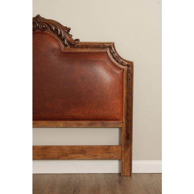 Rustic European Style Queen Size Carved Wood And Leather Headboard
