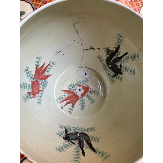 Chinese Vintage Large Chinoiserie Chinese Famille Rose Fish Bowl Planter With Courtyard Scene & Goldfish Interior, C. 1950s For Sale - Image 3 of 10