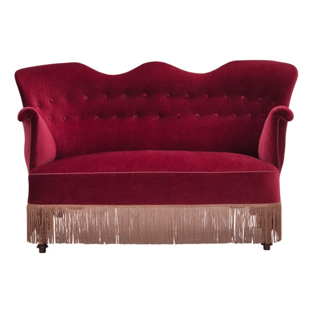 Vintage Danish Two-Seater Sofa in Cherry-Red Furniture Velour and Ash, 1950s For Sale