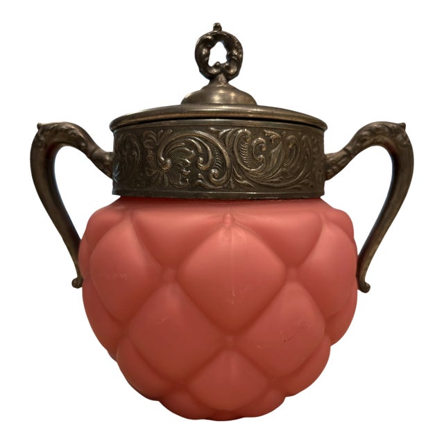 Late 19th Century Quilted Pink Satin Glass Mount Washington Biscuit Jar With Lid For Sale