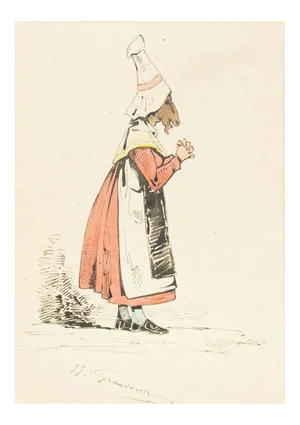 The Devotee - Original Ink Drawing and Watercolor by J.J. Grandville 1845 ca.