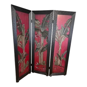 Late 20th Century Three-Panel Asian Screen With Palm Leaf Accent Red on 1 Side Oak on Other