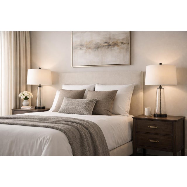 Contemporary Seeded Bubble Glass Table Lamps With Linen Drum Shades - a Pair For Sale - Image 4 of 7