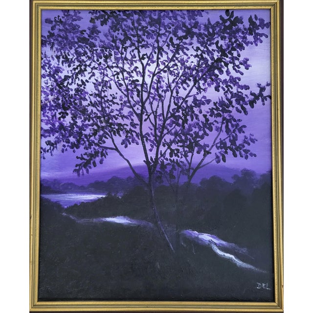 Wood Vintage American 20th C Framed Oil Painting Nocturnal Landscape River & Forest For Sale - Image 7 of 16