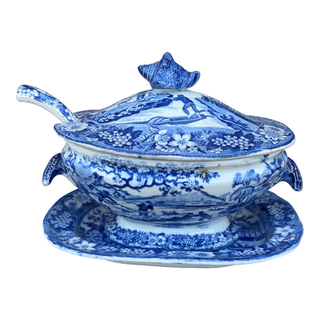 A Antique Pearlware Blue Transfer Decorated Sauce Tureen W/Lid and Tray. Circa 1820's For Sale