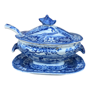A Antique Pearlware Blue Transfer Decorated Sauce Tureen W/Lid and Tray. Circa 1820's