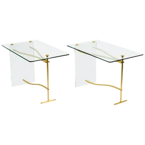 Lucite and Brass Glass Top Side Tables