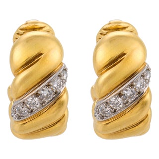 Vintage Diamond 18k Yellow Gold and Platinum Hoop Ear Clips, Pair For Sale