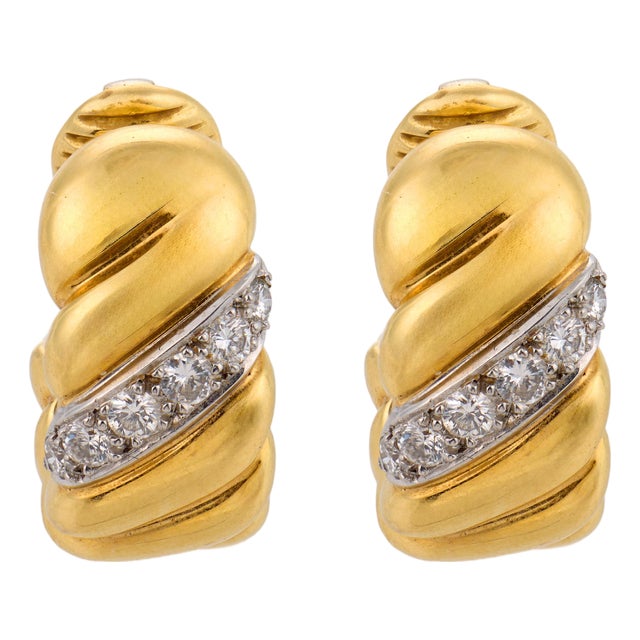 Vintage Diamond 18k Yellow Gold and Platinum Hoop Ear Clips, Pair For Sale