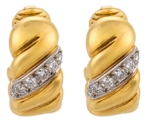 Vintage Diamond 18k Yellow Gold and Platinum Hoop Ear Clips, Pair