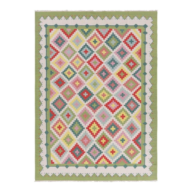 Rug & Kilim’s Contemporary Dhurrie Rug in Green With Colorful Diamond Patterns For Sale
