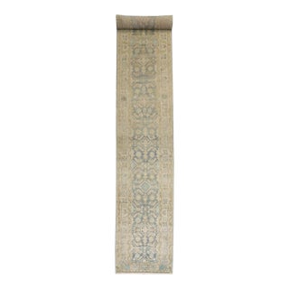 Long Hamedan Sky Blue Chartreuse Runner rug no. j5211 For Sale