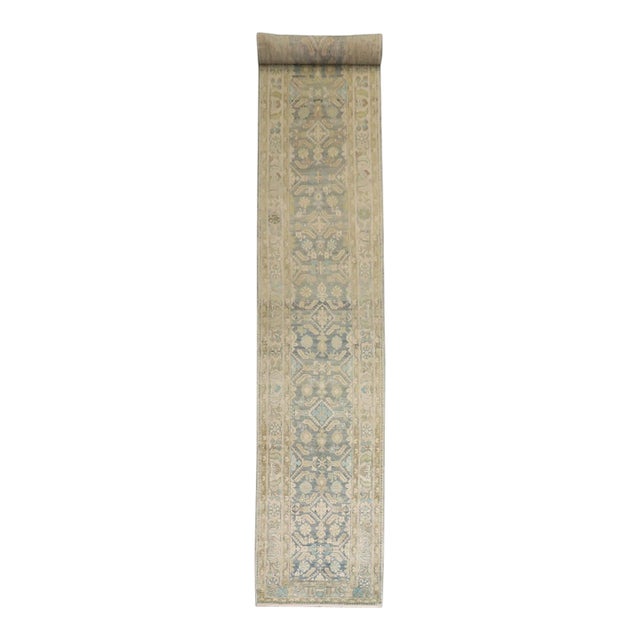 Long Hamedan Sky Blue Chartreuse Runner rug no. j5211 For Sale
