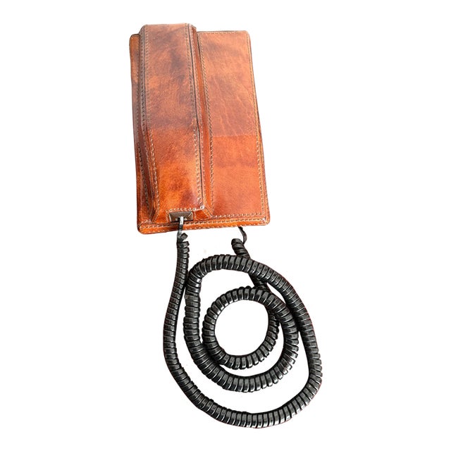 Vintage Stitched Tan Leather Covered Telephone For Sale