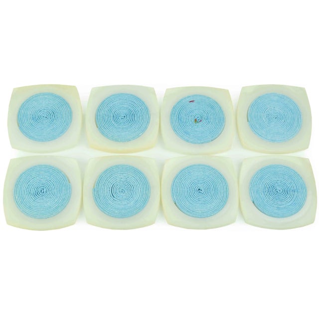 Mid Century Modern Square Coasters With Blue Coil Design and a Stand - 9 Pieces For Sale - Image 9 of 10